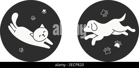Cat and Dog Icon Set. Pet in Black Circle with Paw Footprints. Isolated Minimalist Flat Vector Illustration. Domestic Animal Symbols for Web and App D Stock Vector