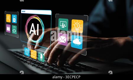 Hands Typing on Keyboard with Futuristic Icons Representing Artificial Intelligence and Technology in a Dark Environment Gluon. Stock Photo