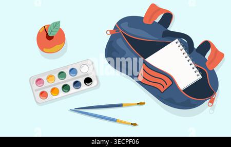 Minimalist Open School Backpack Vector Top View with Spiral Notebook Inside Art Supplies Watercolor Paints and Red Apple on Desk Education Flat Lay Stock Vector