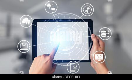 Cloud backup system connects devices through a secure data backup network. Data backup ensures protection, data backup reliability, and recovery. Gist Stock Photo