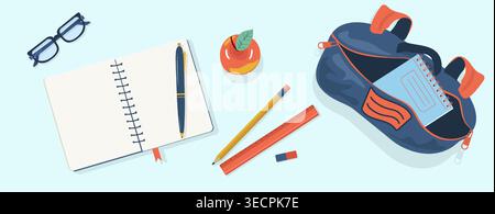 Classic Back to School Flat Lay Vector Open Backpack with Notebook Pencil Ruler and Red Apple on Desk Minimalist Stationery Set for Elementary Stock Vector
