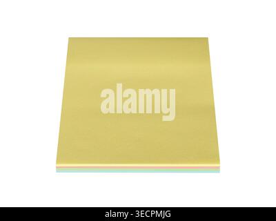 Yellow sticky note pad with colorful sheets. Planning, organization, and communication concept. Isolated on white background. Stock Photo