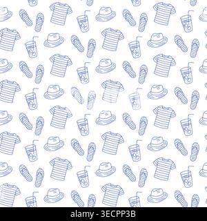 Seamless pattern with striped shirts, beach hats, flip flops and drinks in blue line style on white background. Outline summer print. Stock Vector