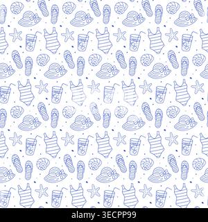 Seamless pattern with beach hats, flip flops, swimsuits and drinks in blue line style on white background. Outline beach print.  Stock Vector
