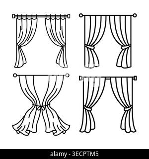 Curtain icons set in thin line style. Vector window drapery illustrations with different drapes and rods. Black outline home interior decor elements Stock Vector