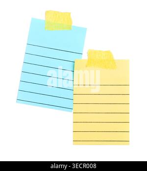 Blank paper notes with adhesive tape isolated on white, top view Stock Photo