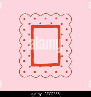 Minimalist rectangular frame with wavy scalloped edges and red polka dot pattern ornament. Creative vector doodle border for cute feminine labels and Stock Vector