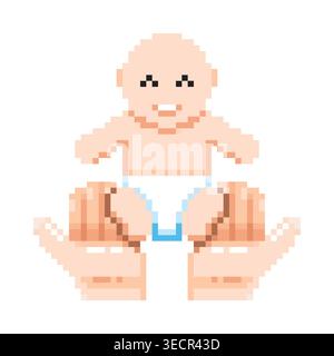 Pixel art of a tiny baby being carefully held and supported by two large adult hands. Vector illustration. Stock Vector
