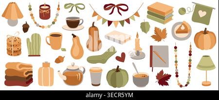 Hand-drawn autumn illustrations, maple leaf, warm socks, pumpkin, books, tea, garland for fall vibes cozy projects Stock Vector