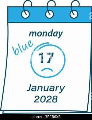 January 2028 17 monday Calendar page with handwriting word blue and sad smile Blue monday Day design. Isolated Vector illustration Sad Monday Greeting Themed Cards Design Poster, banner, leaflet price Stock Vector