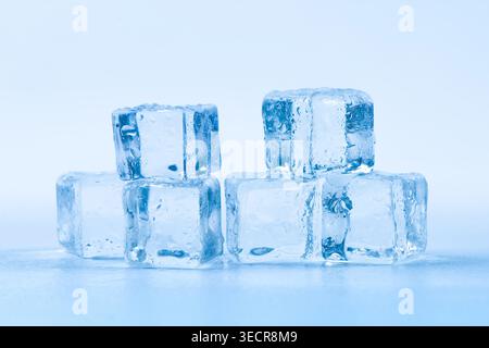 Clear ice cubes melting on a light blue background creating freshness Stock Photo