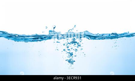 Blue water creating splashes and air bubbles representing freshness and purity Stock Photo