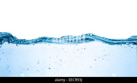 Water creating a wave effect with bubbles and splashes against a white background Stock Photo