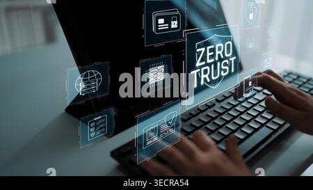 Zero trust model enhances data protection. Zero trust blocks unauthorized access, secures devices, zero trust defends networks, and zero trust Stock Photo