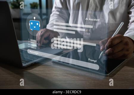 AI chatbot interface on tablet and laptop, user typing prompt and message, customer support communication workflow, automated response system, digital Stock Photo