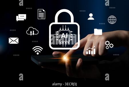A hand interacts with a tablet displaying a secure AI lock icon, emphasizing the importance of digital safety and connectivity in modern technology Stock Photo