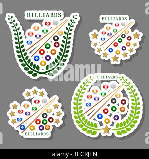Illustration on theme modern emblem with long wooden cue for billiards sport, logo consisting of sport sign with decorative flourishes cue for billiar Stock Vector