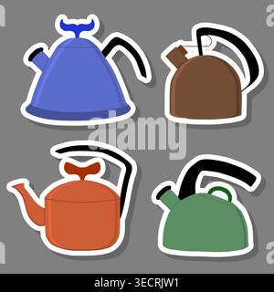 Illustration on theme set symbols for ceramic kettle with lid for tea, logo ceramic kettle for tea consisting of flat design with colored elements, mo Stock Vector