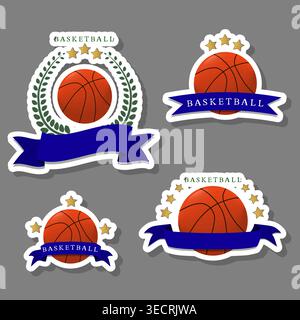 Modern emblem with illustration of flying ball for basketball sport, logo consisting of sport sign with decorative flourishes ball for basketball, spo Stock Vector