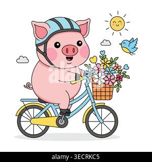 Cute Cartoon Pig Riding Bicycle with Flowers, a Little Bird, Happy Sun and Clouds Illustration Stock Vector