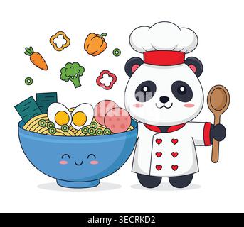 Cute panda chef holding a spoon with a delicious ramen bowl, vegetables, and hearts, vector design Stock Vector