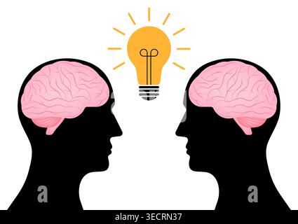 Brain. Head with Human Brain and Lightbulb. Vector Illustration. Creativity and Intelligence Concept. Stock Vector
