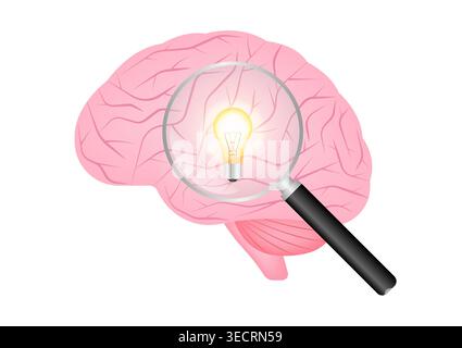 Magnifying Glass with Brain and Lightbulb. Brainstorm, Creativity and Thinking Idea Concept. Vector Illustration. Stock Vector