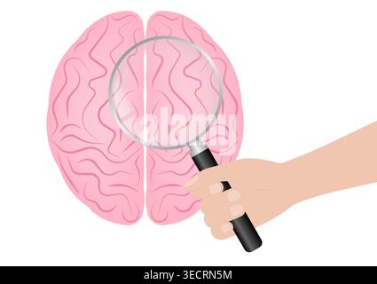 Human Brain with Magnifying Glass. Brain Analysis. Mental Health and Brain Diseases Concept. Vector Illustration. Stock Vector