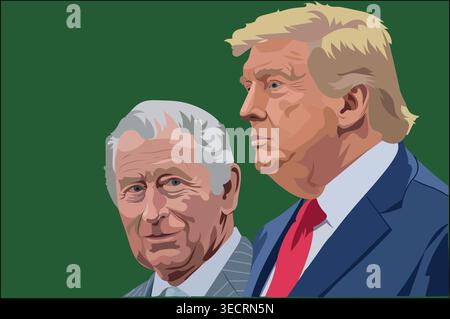 King Charles III and Donald Trump: Hand-drawn vector portraits on independent layers with separate background. Editable EPS 10 and JPG files Stock Vector