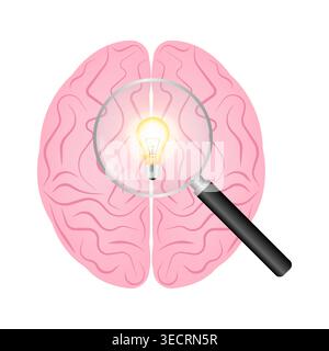 Magnifying Glass with Brain and Lightbulb. Brainstorm, Creativity and Thinking Idea Concept. Vector Illustration. Stock Vector
