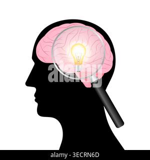 Magnifying Glass with Brain and Lightbulb. Brainstorm, Creativity and Thinking Idea Concept. Vector Illustration. Stock Vector