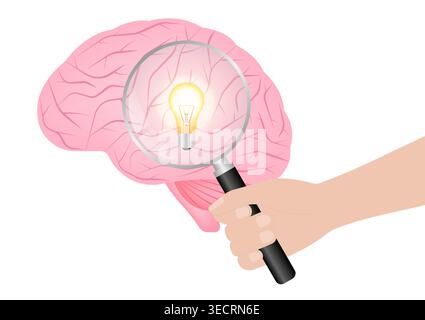 Hand Holding Magnifying Glass with Brain and Lightbulb. Brainstorm, Creativity and Thinking Idea Concept. Vector Illustration. Stock Vector