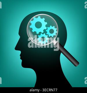 Magnifying Glass with Gear. Brainstorm, Creativity and Thinking Idea Concept. Vector Illustration. Stock Vector