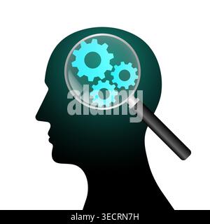 Magnifying Glass with Gear. Brainstorm, Creativity and Thinking Idea Concept. Vector Illustration. Stock Vector