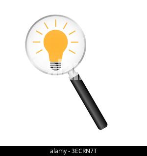 Magnifying Glass with Lightbulb.  Brainstorm, Creativity and Thinking Idea Concept. Vector Illustration. Stock Vector