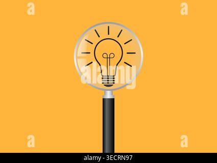 Magnifying Glass with Lightbulb.  Brainstorm, Creativity and Thinking Idea Concept. Vector Illustration. Stock Vector