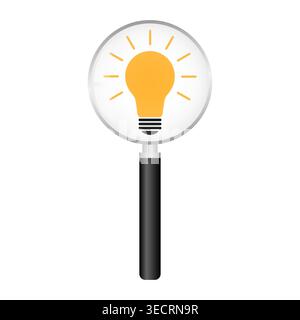 Magnifying Glass with Lightbulb.  Brainstorm, Creativity and Thinking Idea Concept. Vector Illustration. Stock Vector
