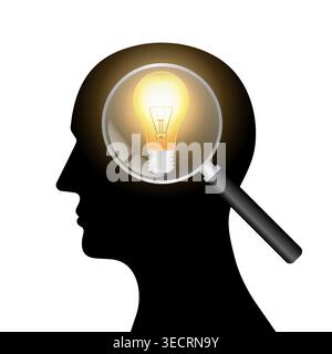 Magnifying Glass with Lightbulb in Human Head. Brainstorm, Creativity and Thinking Idea Concept. Vector Illustration. Stock Vector