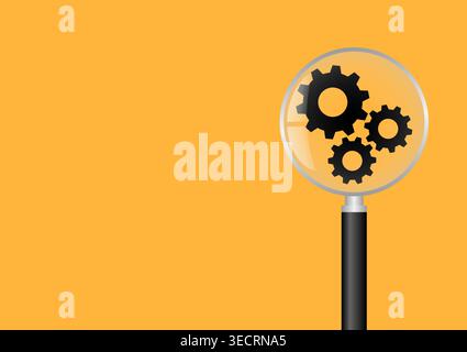 Magnifying Glass with Gear. SEO, Search Engine Optimize. Business or Market Analysis Vector Illustration. Stock Vector