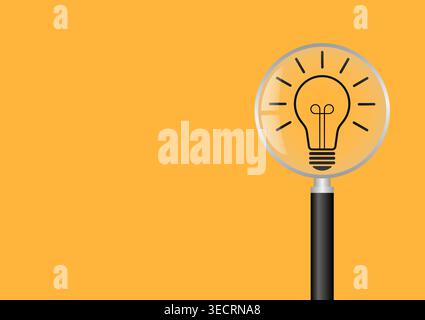 Magnifying Glass with Lightbulb.  Brainstorm, Creativity and Thinking Idea Concept. Vector Illustration. Stock Vector
