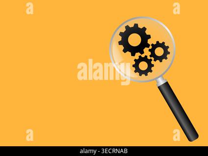 Magnifying Glass with Gear. SEO, Search Engine Optimize. Business or Market Analysis Vector Illustration. Stock Vector