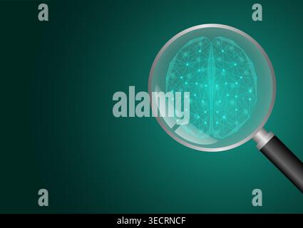 Brain. Brain with Magnifying Glass. Artificial intelligence. Brainstorm, Creativity and Thinking Idea Concept. Vector Illustration. Stock Vector