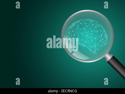 Brain. Brain with Magnifying Glass. Artificial intelligence. Brainstorm, Creativity and Thinking Idea Concept. Vector Illustration. Stock Vector