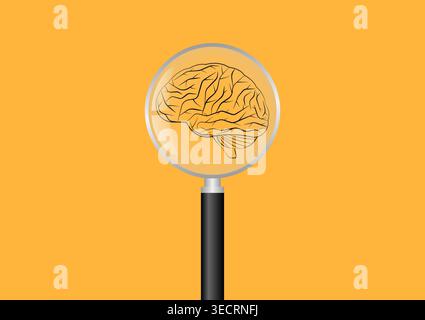 Magnifying Glass with Brain. Brainstorm, Creativity and Thinking Idea Concept. Vector Illustration. Stock Vector
