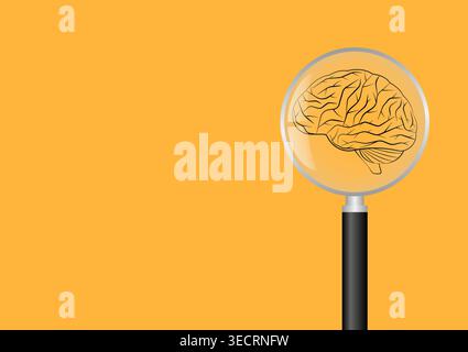 Magnifying Glass with Brain. Brainstorm, Creativity and Thinking Idea Concept. Vector Illustration. Stock Vector