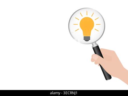 Hand Holding Magnifying Glass with Lightbulb. Brainstorm, Creativity and Thinking Idea Concept. Vector Illustration. Stock Vector