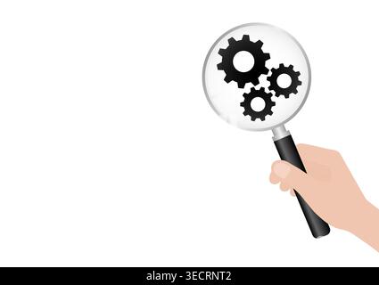 Hand Holding Magnifying Glass with Gear. SEO, Search Engine Optimize. Business or Market Analysis Vector Illustration. Stock Vector