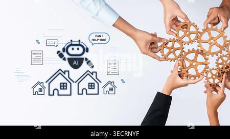 Collaborative Hands Engaging with Concept of Artificial Intelligence and Gears for Home and Business Solutions in Modern Technology Landscape Gluon. Stock Photo