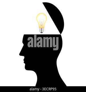 Human Head with Lightbulb. Brainstorm, Creativity and Thinking Idea Concept. Vector Illustration. Stock Vector