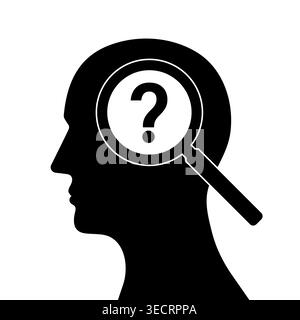 Question Mark in Human Head with Magnifying Glass. Question and Answer, Brainstorm or Business Solution Concept. Vector Illustration. Stock Vector